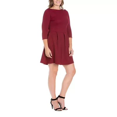 24seven Comfort Apparel Womens Plus Round Neck 3/4 Sleeve Fit + Flare Dress