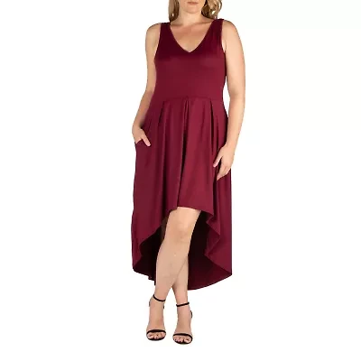 24seven Comfort Apparel Womens Plus Midi V Neck Sleeveless A-Line Dress