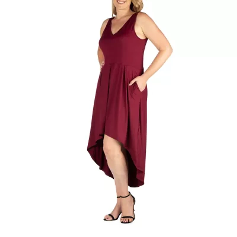 24seven Comfort Apparel Womens Plus Midi V Neck Sleeveless A-Line Dress