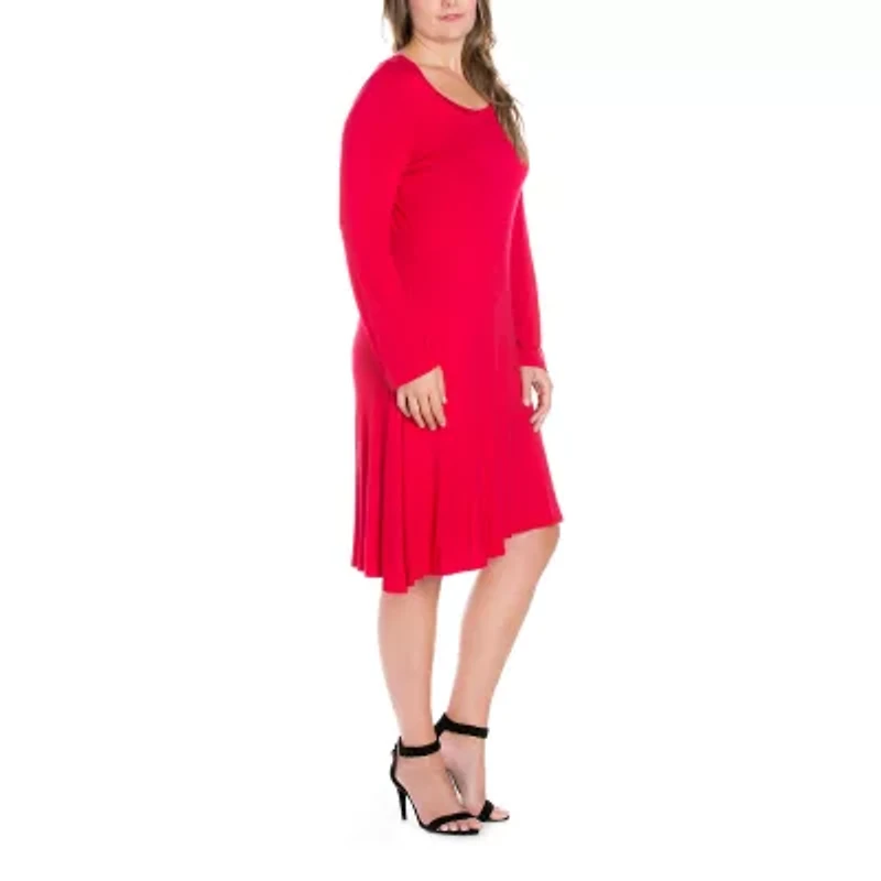 24seven Comfort Apparel Womens Plus Scoop Neck Long Sleeve A-Line Dress