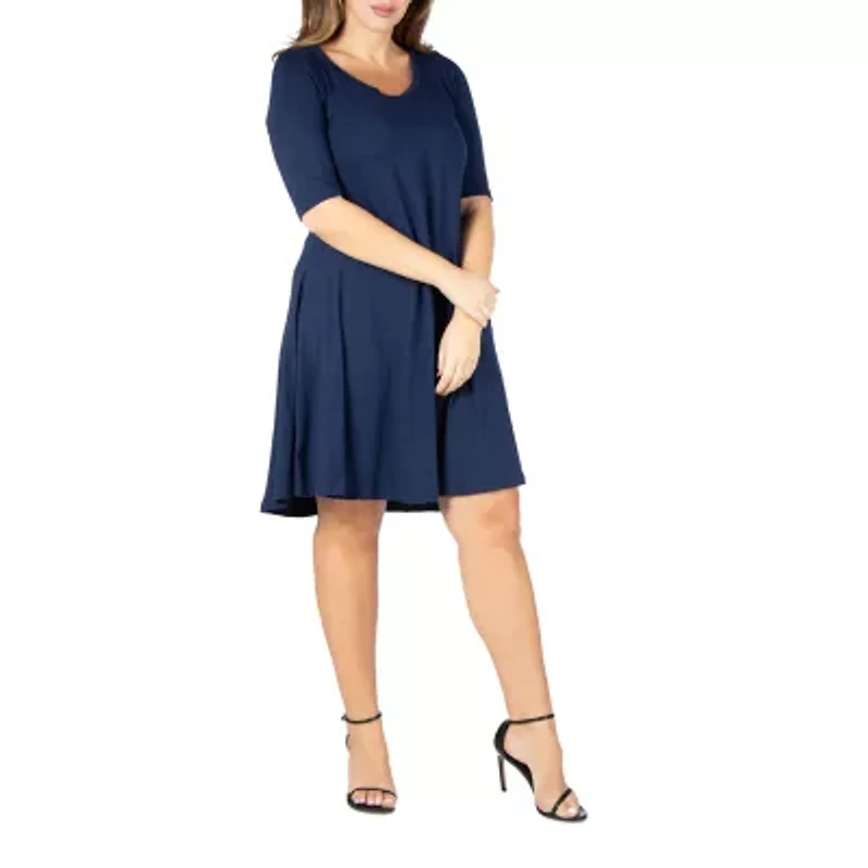 24seven Comfort Apparel Womens Plus Scoop Neck Short Sleeve A-Line Dress