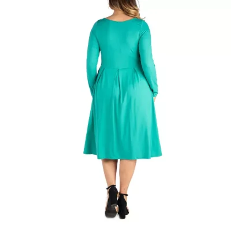 24seven Comfort Apparel Womens Plus Long Sleeve Midi Fit + Flare Dress