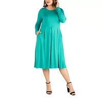 24seven Comfort Apparel Womens Plus Long Sleeve Midi Fit + Flare Dress
