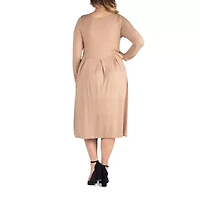 24seven Comfort Apparel Womens Long Sleeve Midi Plus Fit + Flare Dress