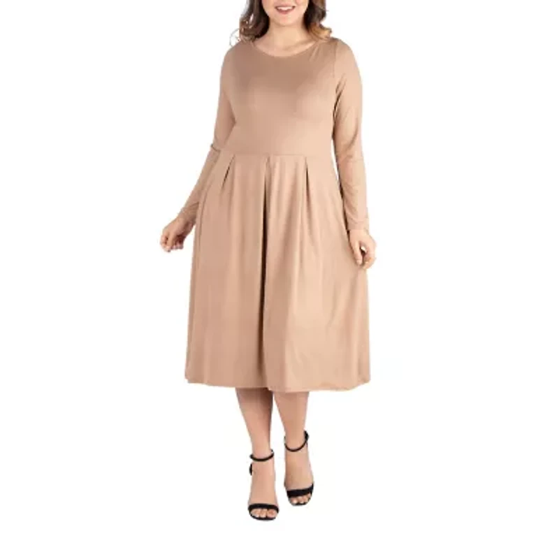 24seven Comfort Apparel Womens Long Sleeve Midi Plus Fit + Flare Dress