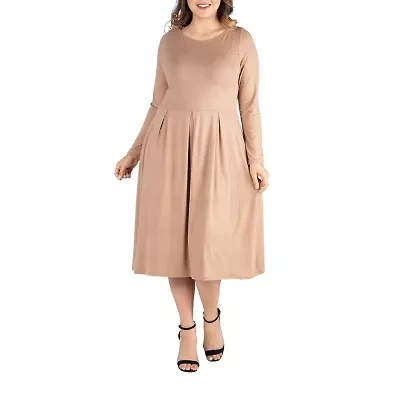 24seven Comfort Apparel Womens Long Sleeve Midi Plus Fit + Flare Dress