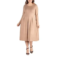 24seven Comfort Apparel Womens Long Sleeve Midi Plus Fit + Flare Dress