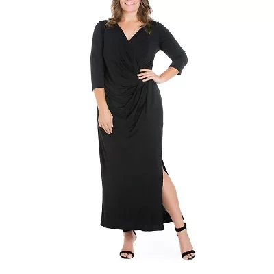 24seven Comfort Apparel Womens 3/4 Sleeve Plus Maxi Dress