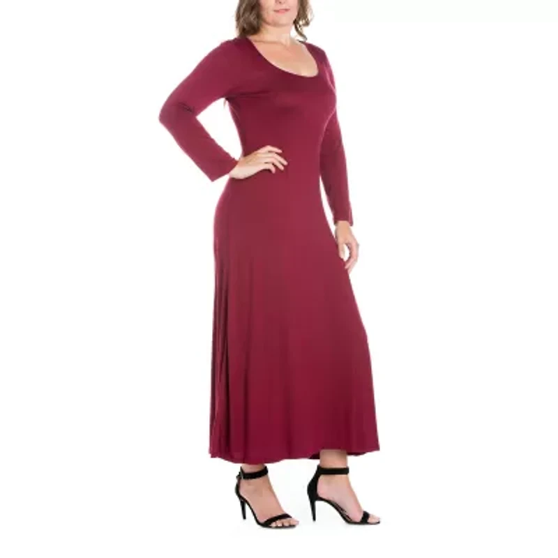 24seven Comfort Apparel Womens Plus Scoop Neck Long Sleeve Maxi Dress