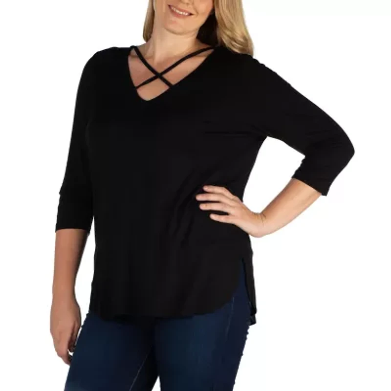 24seven Comfort Apparel Plus Womens V Neck 3/4 Sleeve Tunic Top