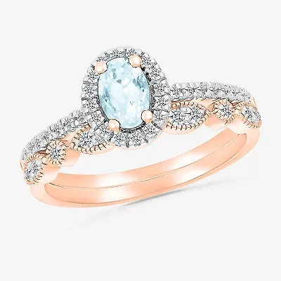 Modern Bride Gemstone Womens Genuine Blue Aquamarine 14K Rose Gold Oval Bridal Set