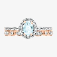 Modern Bride Gemstone Womens Genuine Blue Aquamarine 14K Rose Gold Oval Bridal Set