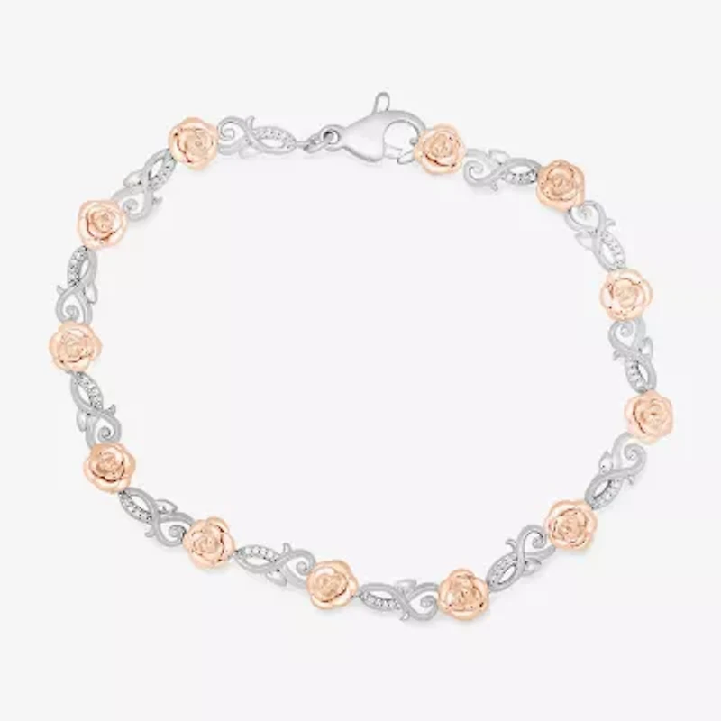 Enchanted Disney Fine Jewelry Womens 1/10 CT. T.W. Natural White Diamond 14K Rose Gold Over Silver Sterling Silver Beauty and the Beast Belle Princess Charm Bracelet