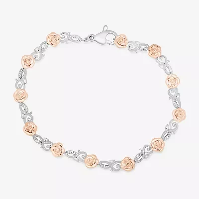 Enchanted Disney Fine Jewelry Womens 1/10 CT. T.W. Natural White Diamond 14K Rose Gold Over Silver Sterling Silver Beauty and the Beast Belle Princess Charm Bracelet