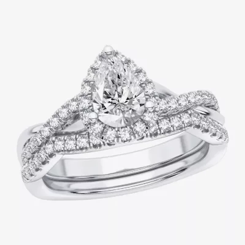 Signature By Modern Bride 1 1/5 CT. T.W. Lab-Grown (H-I / SI1-SI2) Diamond Pear Side Stone Halo Bridal Set 10K or 14K Gold