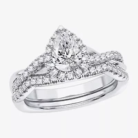 Signature By Modern Bride 1 1/5 CT. T.W. Lab-Grown (H-I / SI1-SI2) Diamond Pear Side Stone Halo Bridal Set 10K or 14K Gold