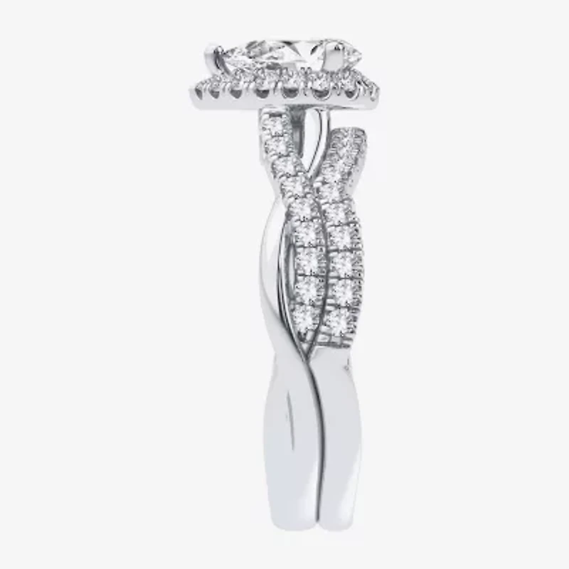 Signature By Modern Bride 1 1/5 CT. T.W. Lab-Grown (H-I / SI1-SI2) Diamond Pear Side Stone Halo Bridal Set 10K or 14K Gold