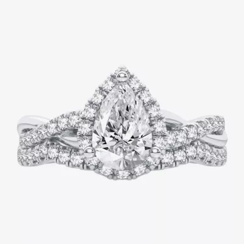 Signature By Modern Bride 1 1/5 CT. T.W. Lab-Grown (H-I / SI1-SI2) Diamond Pear Side Stone Halo Bridal Set 10K or 14K Gold