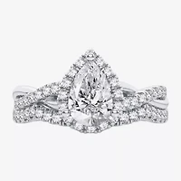 Signature By Modern Bride 1 1/5 CT. T.W. Lab-Grown (H-I / SI1-SI2) Diamond Pear Side Stone Halo Bridal Set 10K or 14K Gold