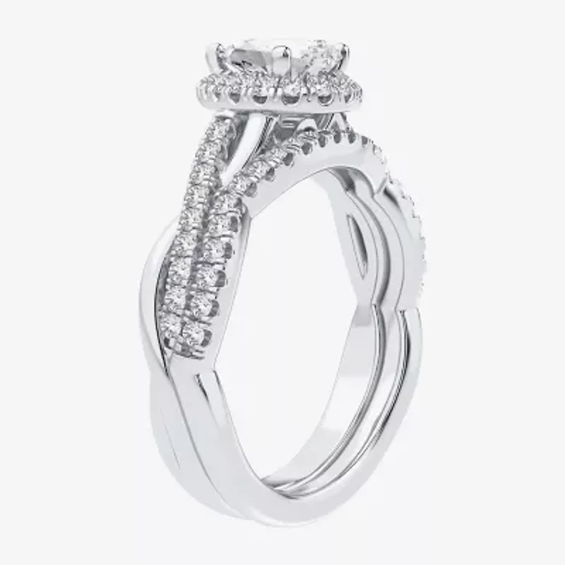 Signature By Modern Bride 1 1/5 CT. T.W. Lab-Grown (H-I / SI1-SI2) Diamond Pear Side Stone Halo Bridal Set 10K or 14K Gold
