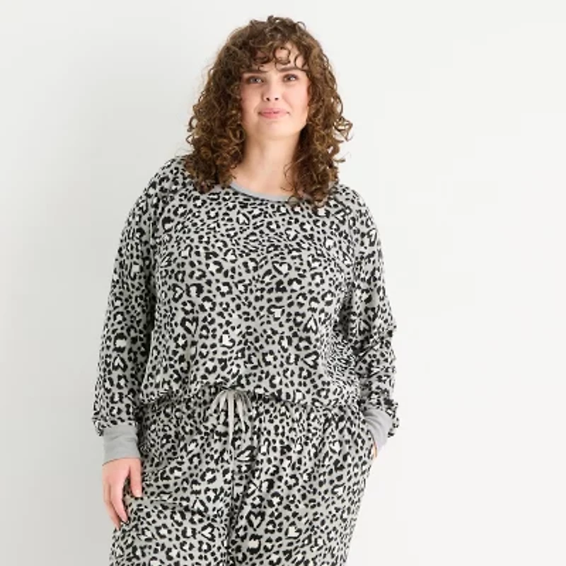 Sleep Chic Womens Fleece Crew Neck Long Sleeve 2-pc. Pajama Sets