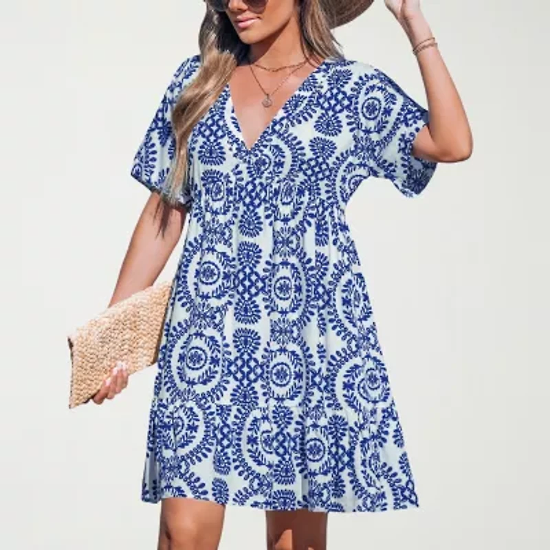 CUPSHE Womens Petite Short Sleeve Floral A-Line Dress