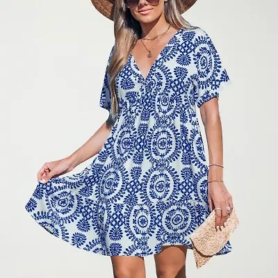 CUPSHE Womens Petite Short Sleeve Floral A-Line Dress