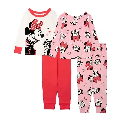 Disney Collection Toddler Girls Minnie Mouse Crew Neck Long Sleeve 4-pc. Pajama Sets