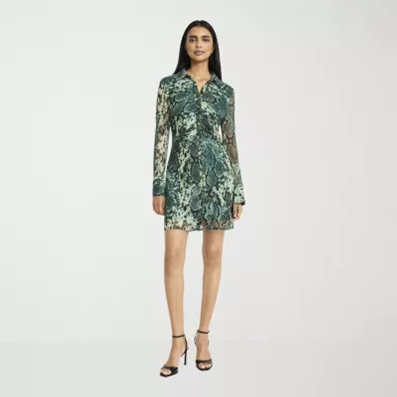 Donna Morgan Womens Long Sleeve Animal Shirt Dress