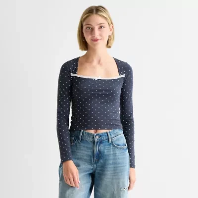 Arizona Womens Juniors Square Neck Long Sleeve Layered Top
