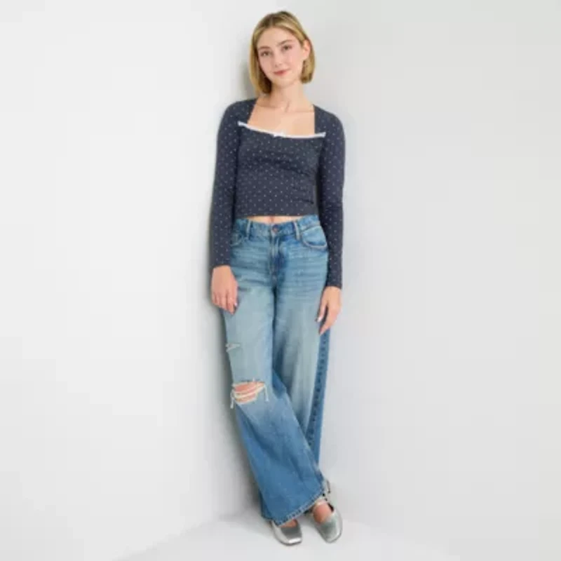 Arizona Womens Juniors Square Neck Long Sleeve Layered Top