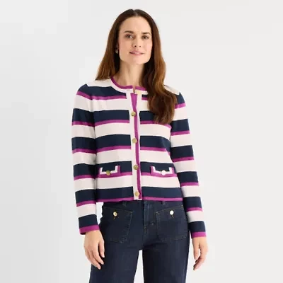 Liz Claiborne Womens Crew Neck Long Sleeve Button Cardigan