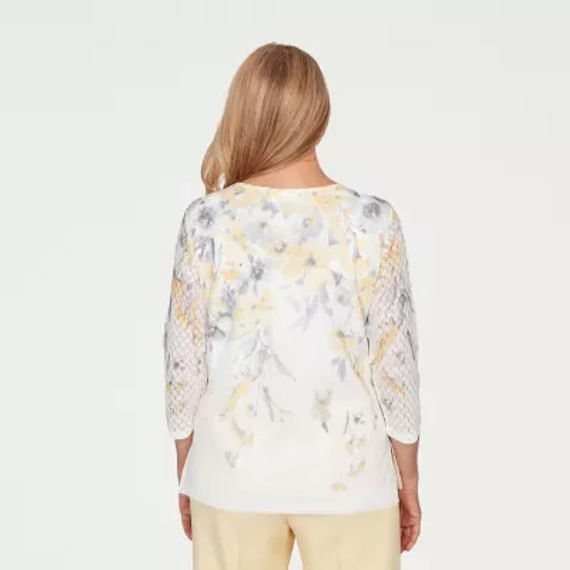 Alfred Dunner Al Fresco Womens Crew Neck 3/4 Sleeve Layered Top