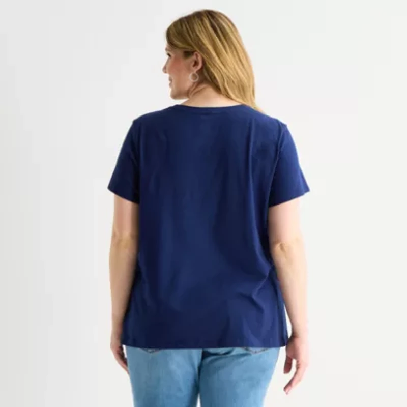 St. John's Bay Womens Plus Crew Neck Short Sleeve Regular Fit Graphic T-Shirt