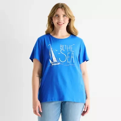 St. John's Bay Womens Plus Crew Neck Short Sleeve Regular Fit Graphic T-Shirt
