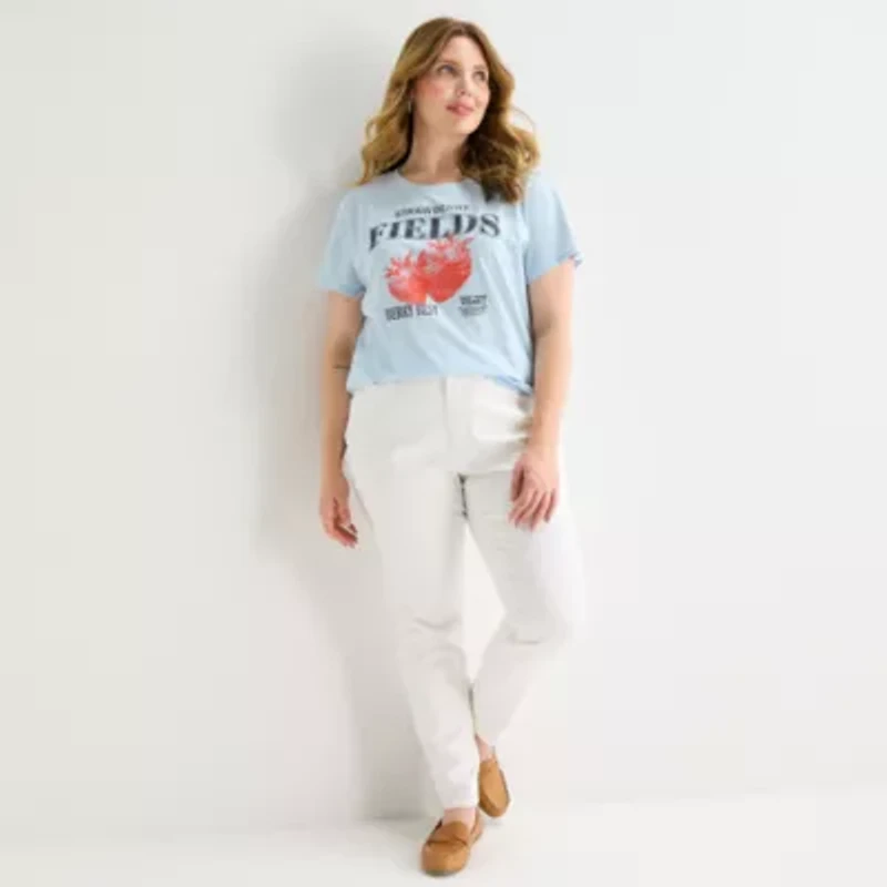 St. John's Bay Womens Plus Crew Neck Short Sleeve Regular Fit Graphic T-Shirt