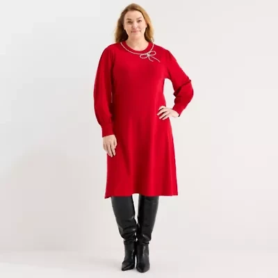 Liz Claiborne Womens Plus Long Sleeve Midi Sweater Dress