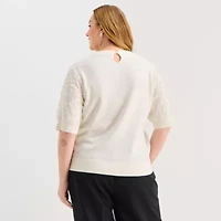 Liz Claiborne Plus Womens Crew Neck Elbow Sleeve Pullover Sweater