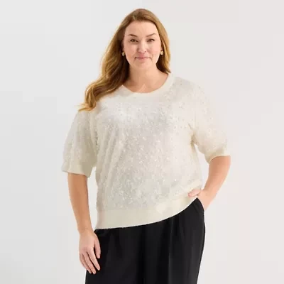 Liz Claiborne Plus Womens Crew Neck Elbow Sleeve Pullover Sweater