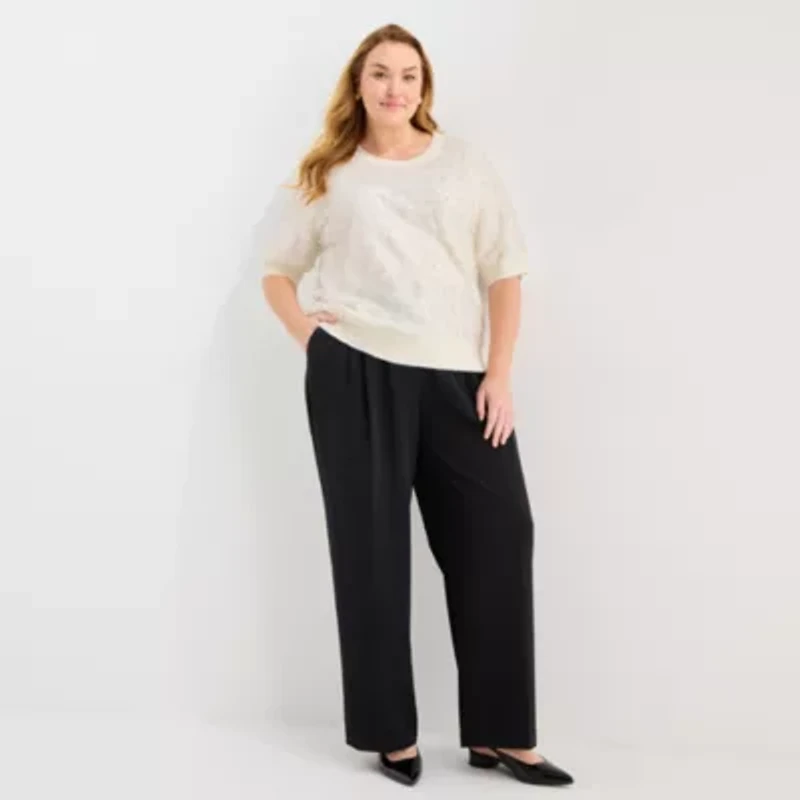 Liz Claiborne Plus Womens Crew Neck Elbow Sleeve Pullover Sweater
