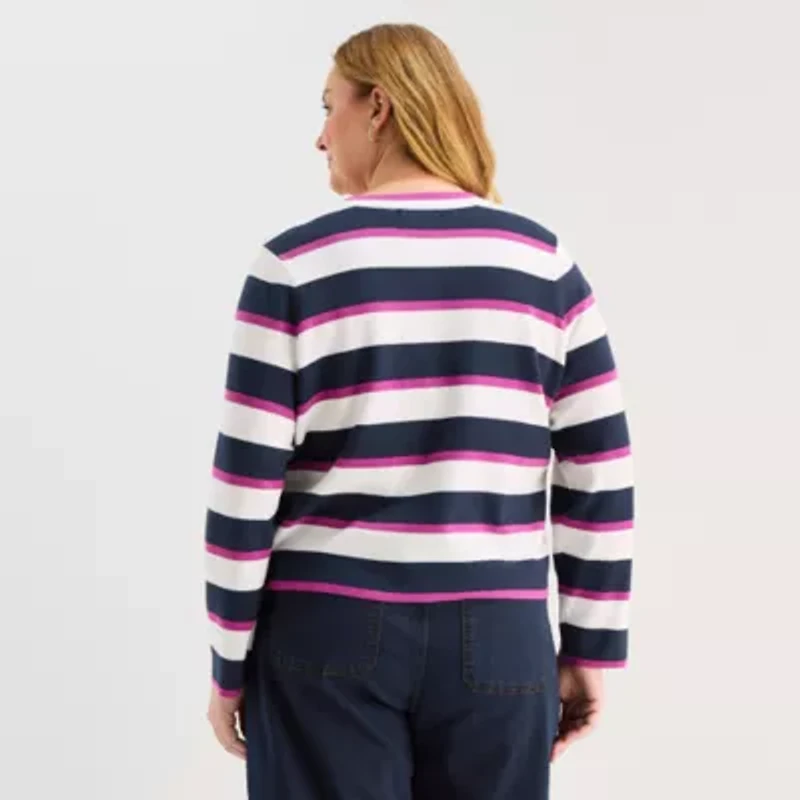 Liz Claiborne Womens Crew Neck Long Sleeve Button Plus Striped Cardigan