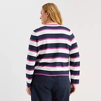 Liz Claiborne Womens Crew Neck Long Sleeve Button Plus Striped Cardigan