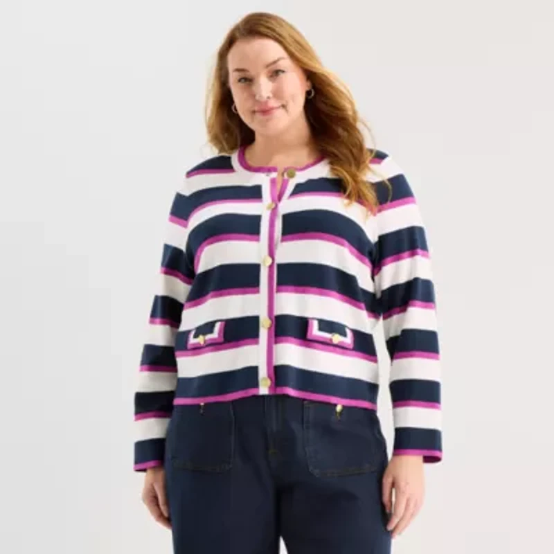 Liz Claiborne Womens Crew Neck Long Sleeve Button Plus Striped Cardigan