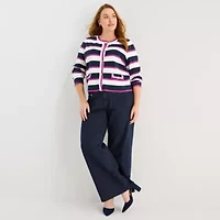 Liz Claiborne Womens Crew Neck Long Sleeve Button Plus Striped Cardigan