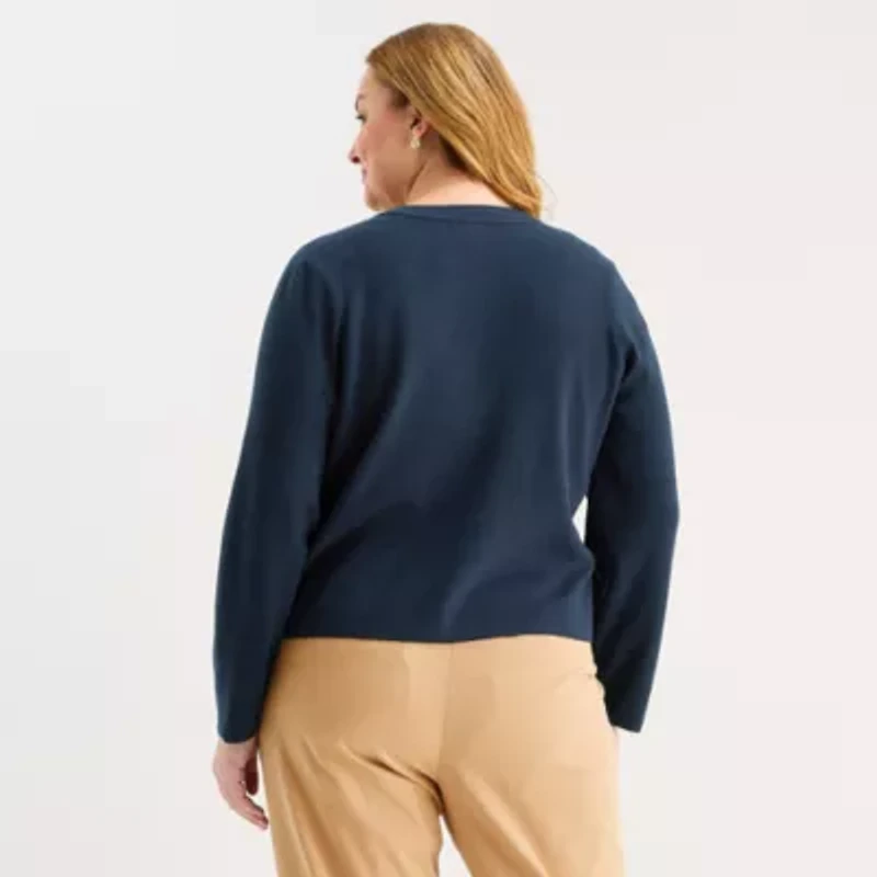 Liz Claiborne Womens Crew Neck Long Sleeve Button Plus Cardigan