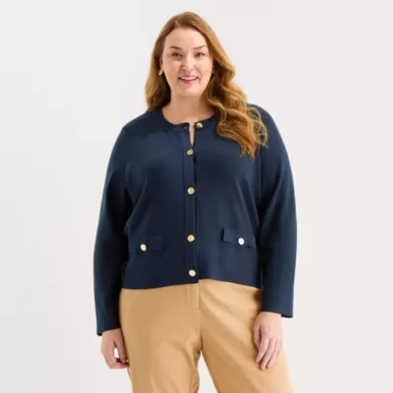 Liz Claiborne Womens Crew Neck Long Sleeve Button Plus Cardigan