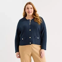 Liz Claiborne Womens Crew Neck Long Sleeve Button Plus Cardigan