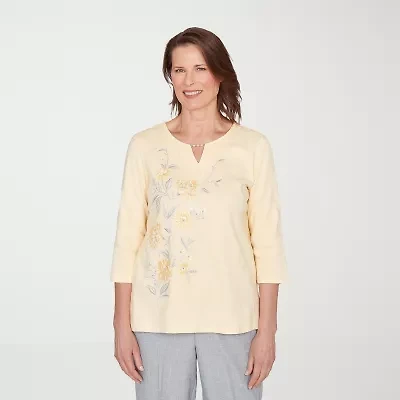 Alfred Dunner Al Fresco Womens Split Crew Neck 3/4 Sleeve Embroidered Layered Top