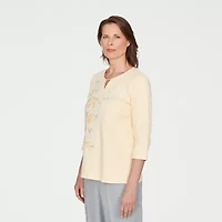 Alfred Dunner Al Fresco Womens Split Crew Neck 3/4 Sleeve Embroidered Layered Top