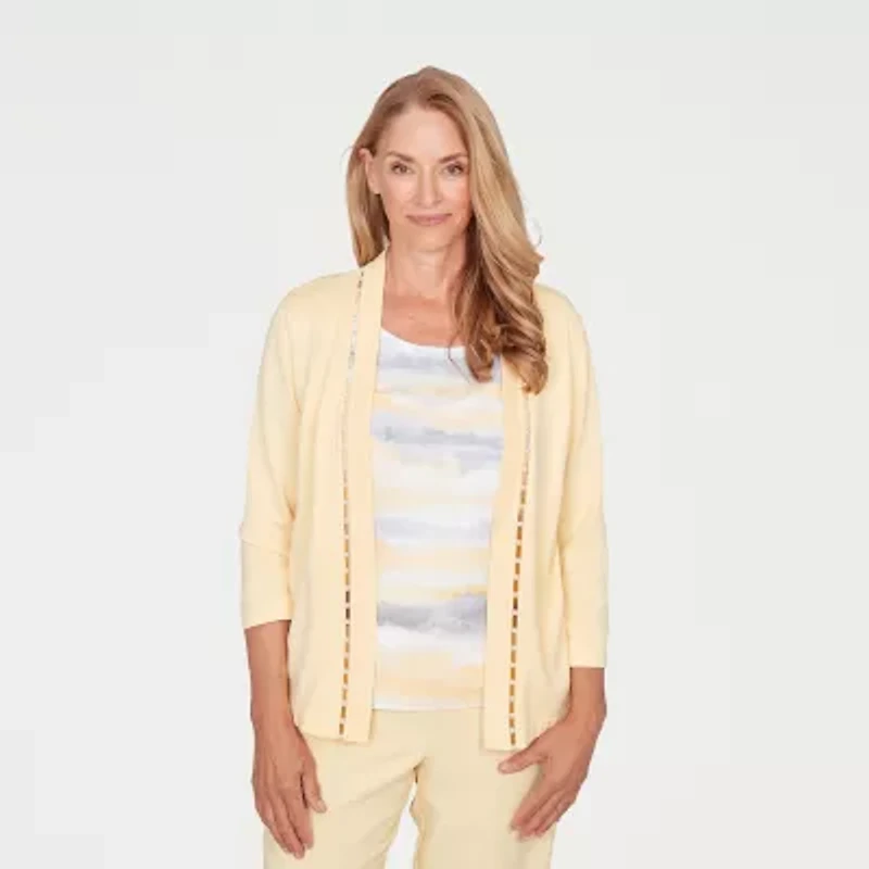 Alfred Dunner Al Fresco Womens Crew Neck 3/4 Sleeve Layered Sweater